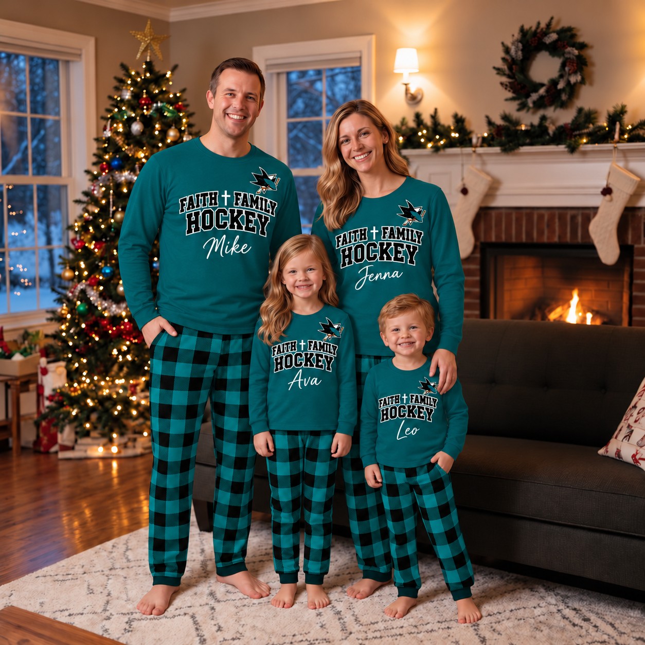 San Jose Sharks family Christmas pajamas, faith family hockey design