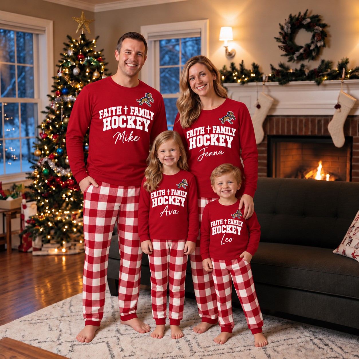 Florida Panthers family Christmas pajamas, faith family hockey design