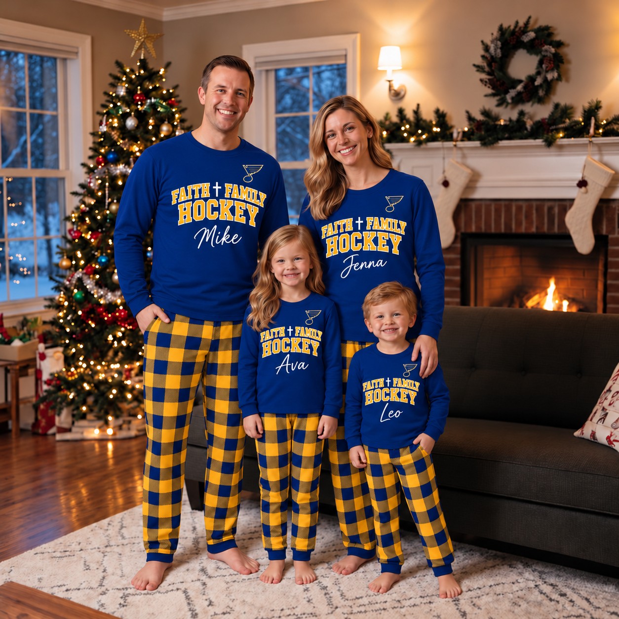 St. Louis Blues family Christmas pajamas, faith family hockey design