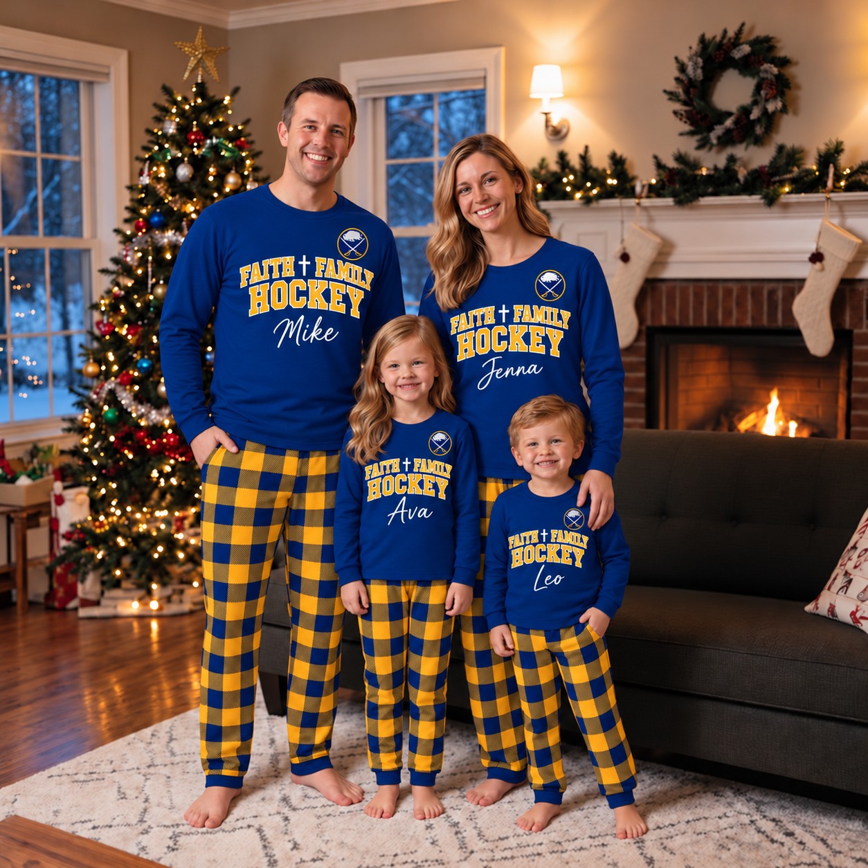 Buffalo Sabres family Christmas pajamas, faith family hockey design
