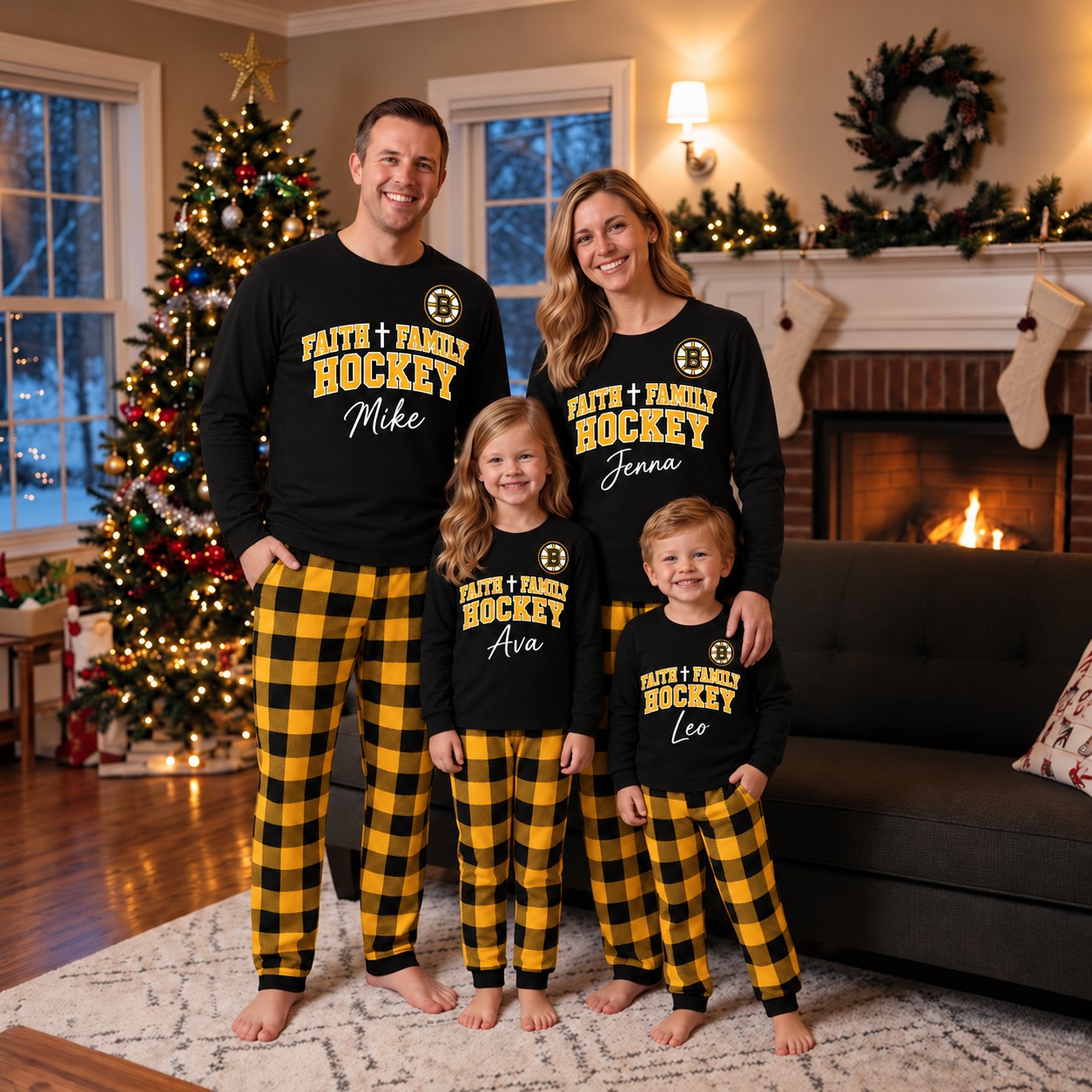 Boston Bruins family Christmas pajamas, faith family hockey design