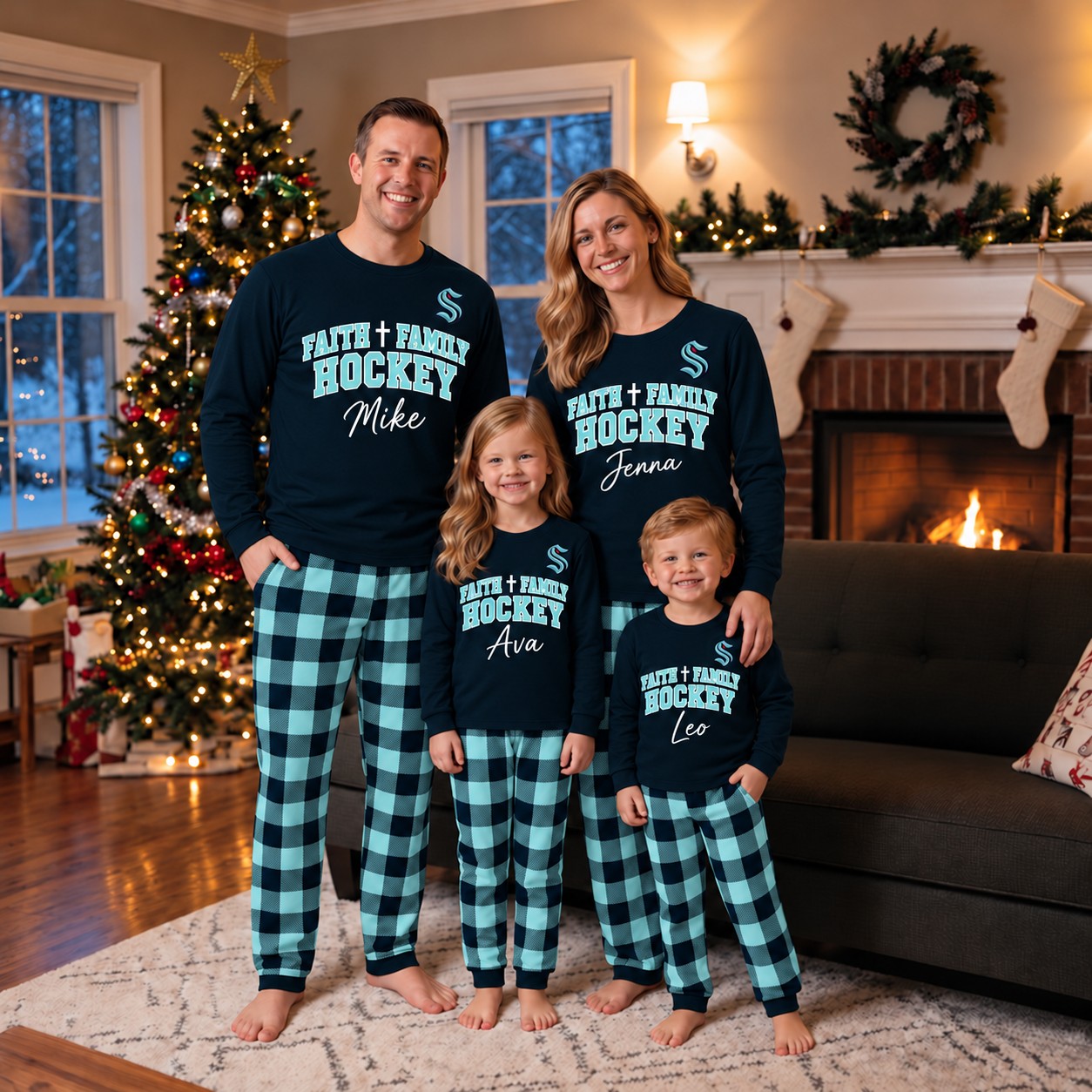 Seattle Kraken family Christmas pajamas, faith family hockey design