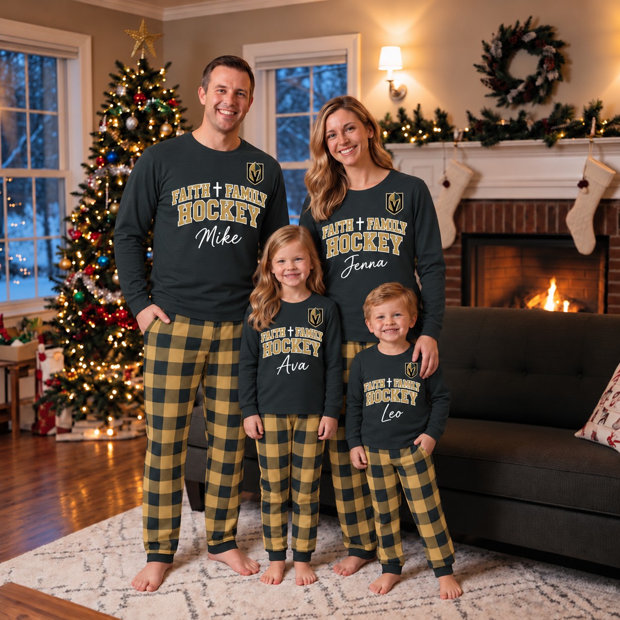 Vegas Golden Knights family Christmas pajamas, faith family hockey design