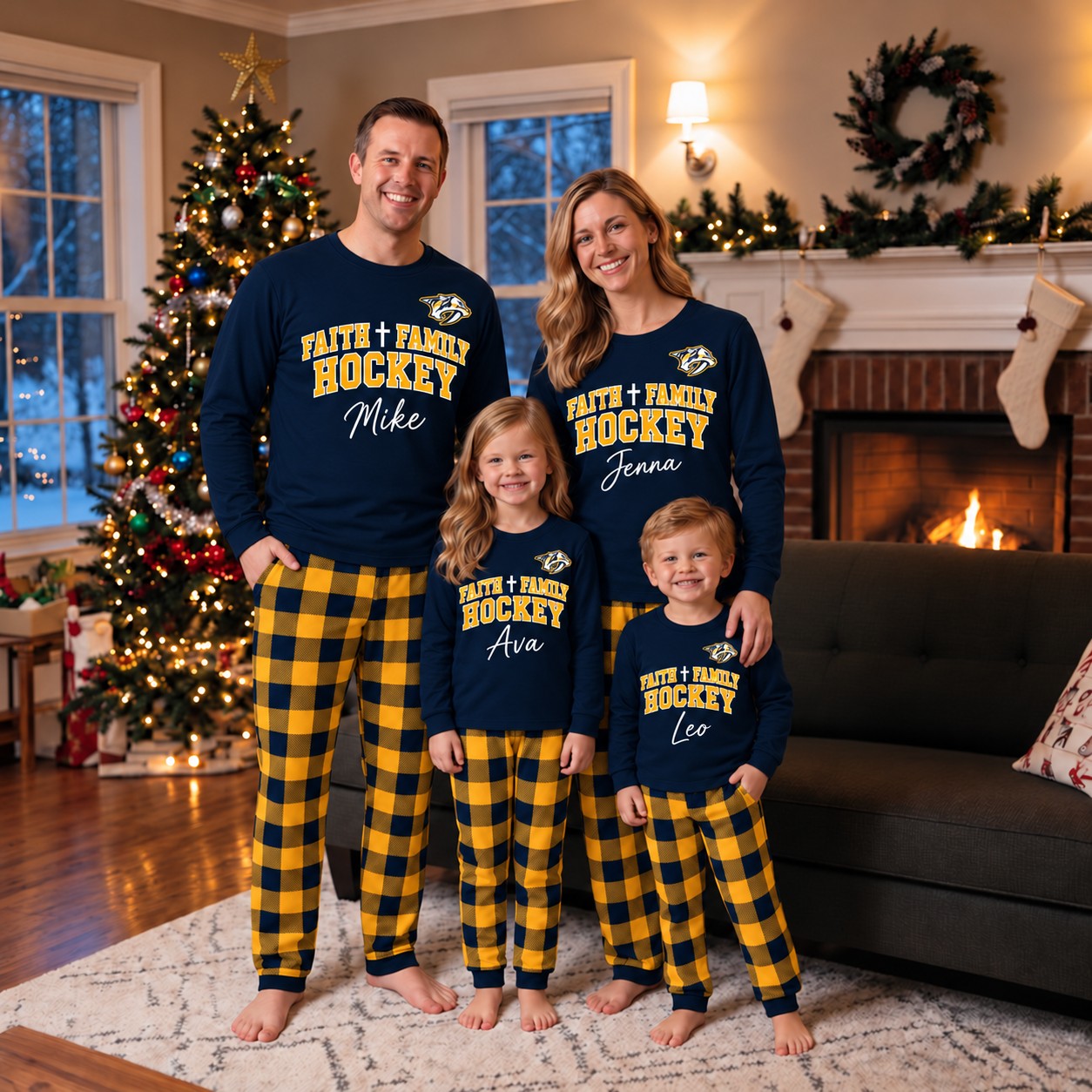Nashville Predators family Christmas pajamas, faith family hockey design