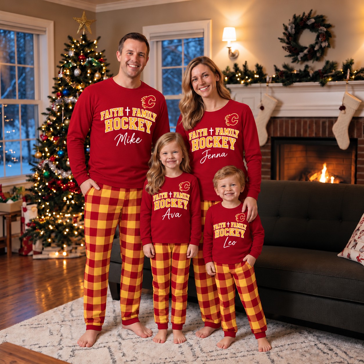 Calgary Flames family Christmas pajamas, faith family hockey design