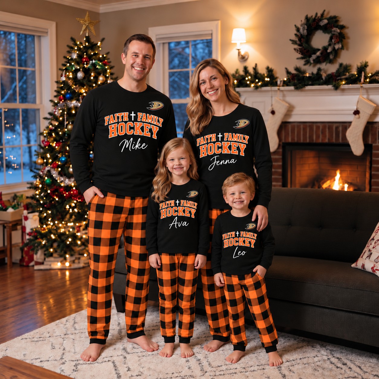 Anaheim Ducks family Christmas pajamas, faith family hockey design