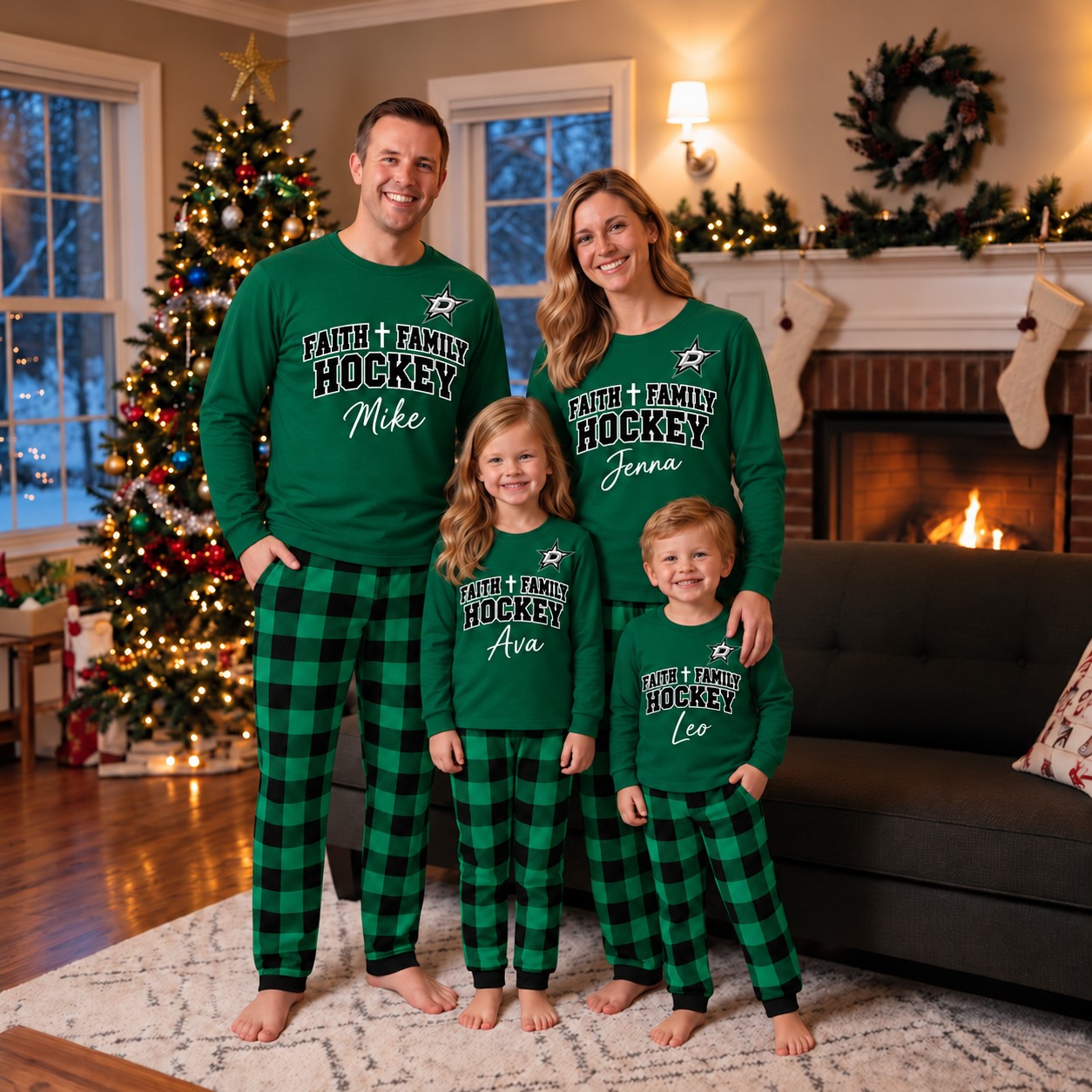 Dallas Stars family Christmas pajamas, faith family hockey design