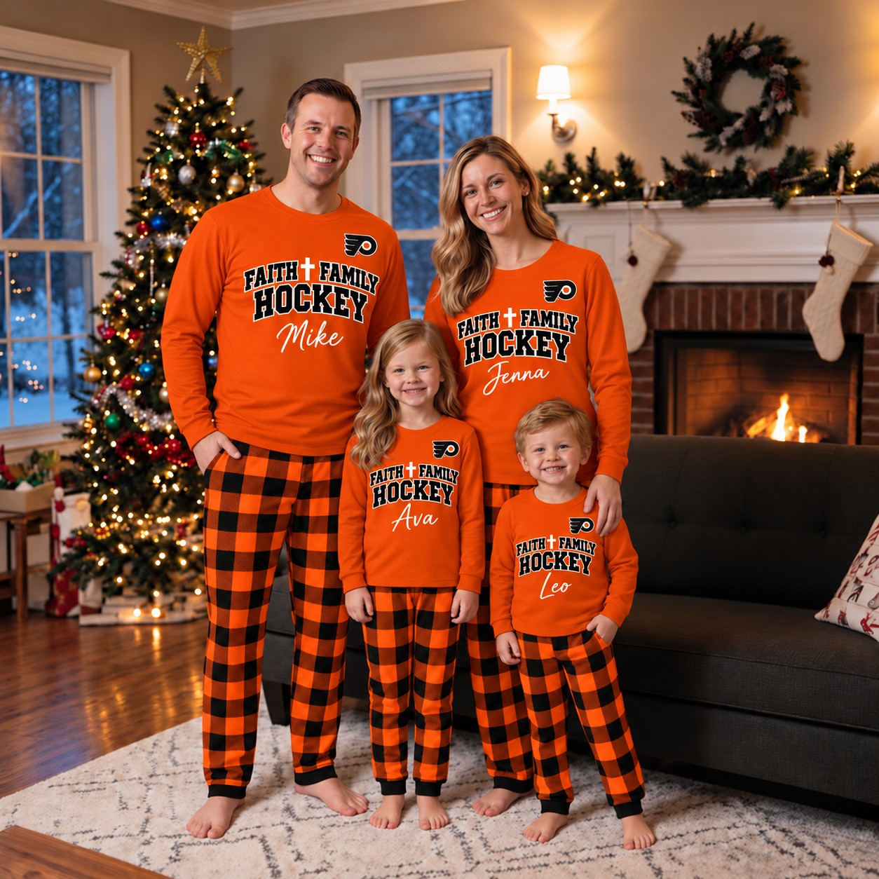 Philadelphia Flyers family Christmas pajamas, faith family hockey design