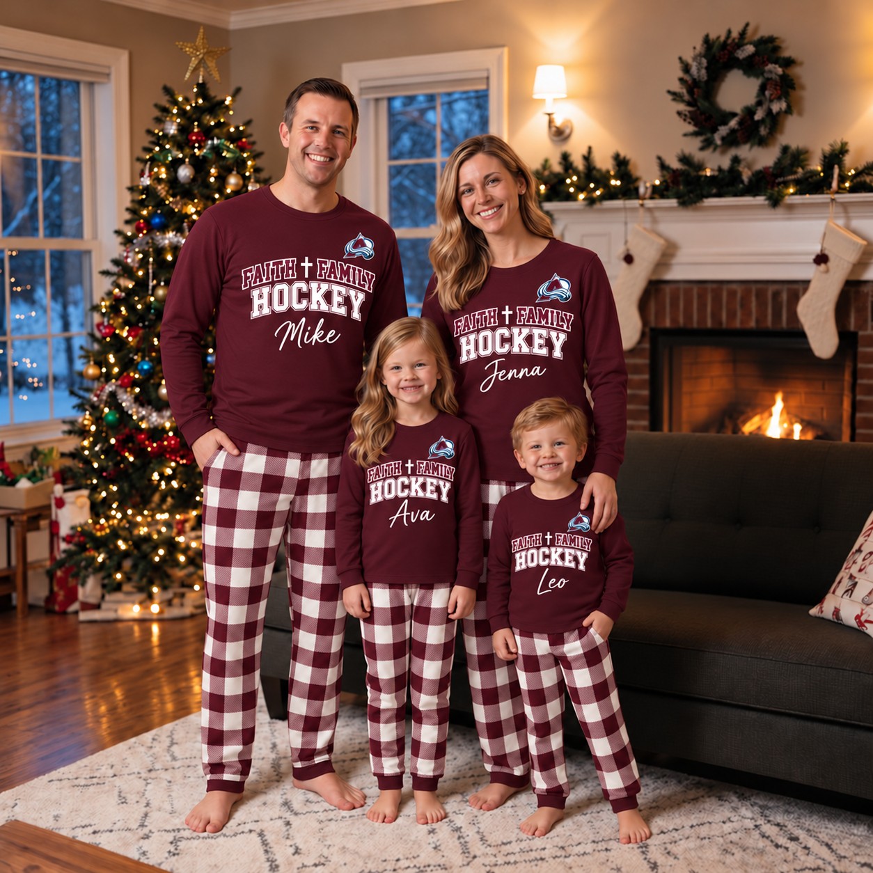 Colorado Avalanche family Christmas pajamas, faith family hockey design