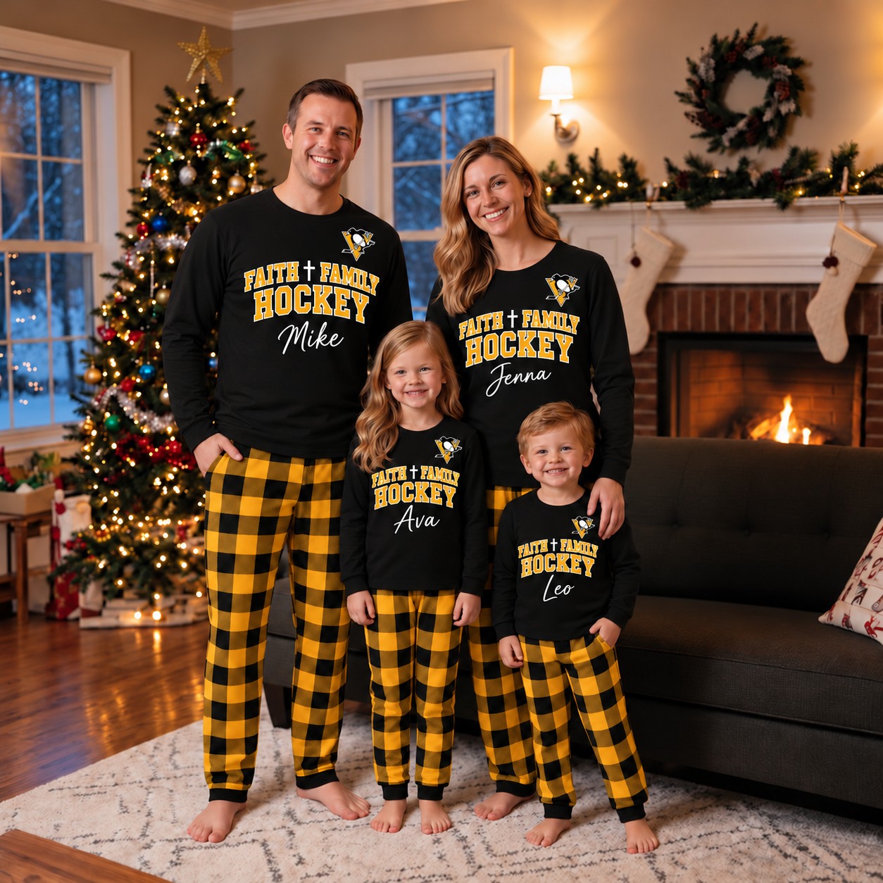 Pittsburgh Penguins family Christmas pajamas, faith family hockey design