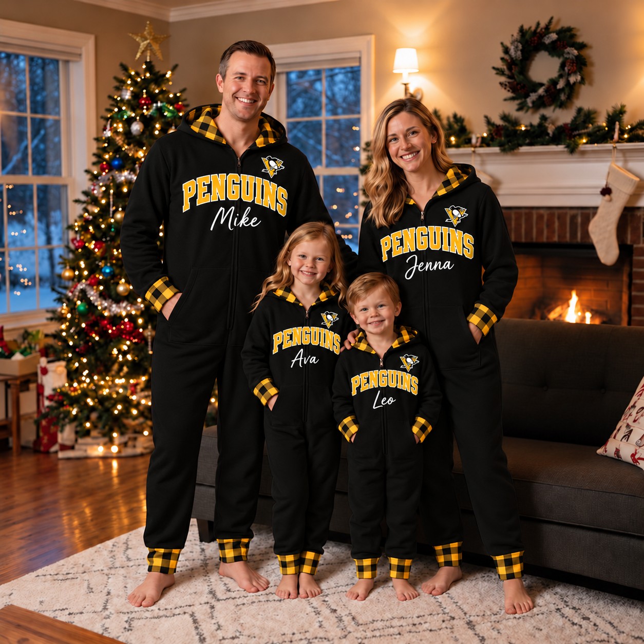 Pittsburgh Penguins family Christmas onesies, plaid design