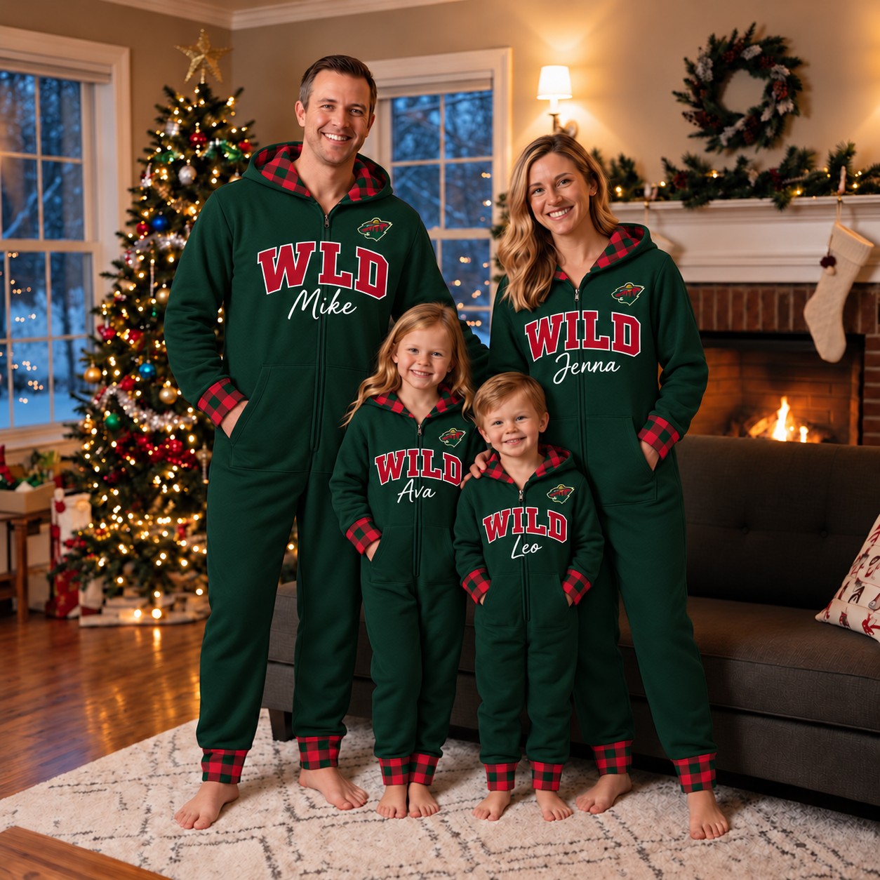 Minnesota Wild family Christmas onesies, plaid design