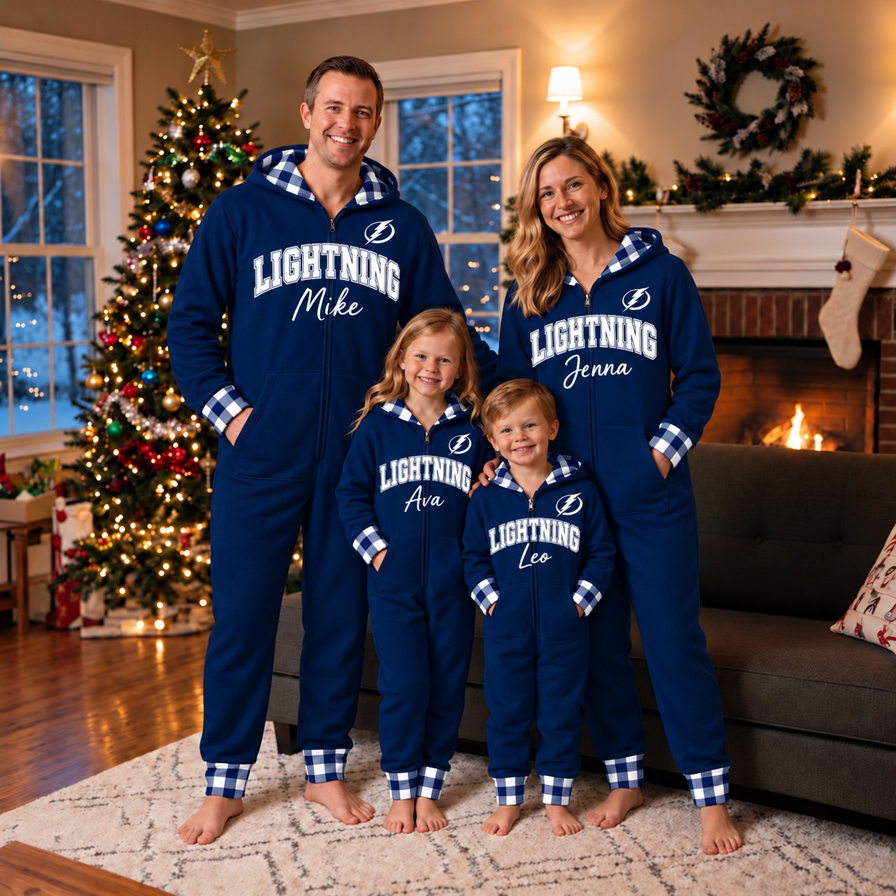 Tampa Bay Lightning family Christmas onesies, plaid design