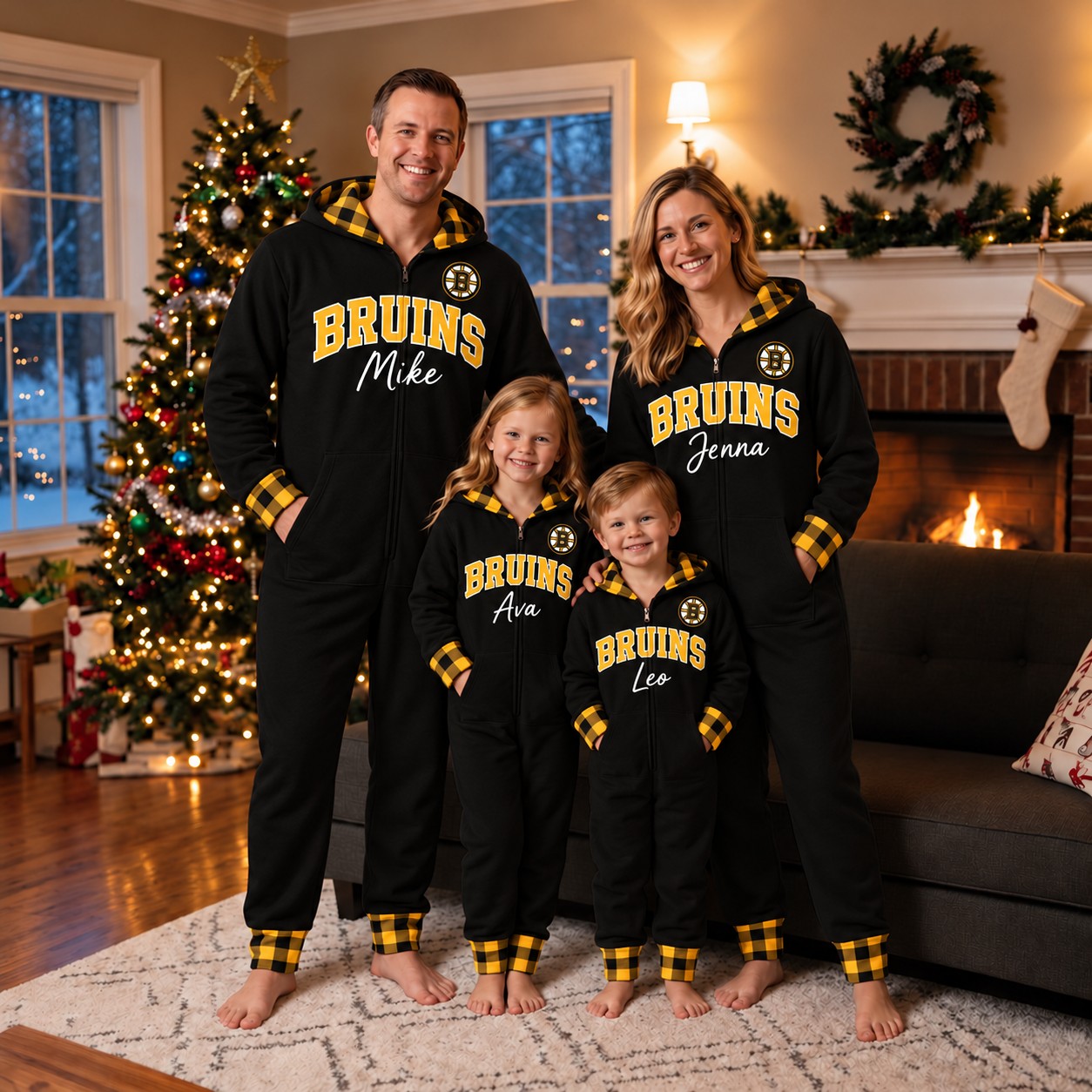Boston Bruins family Christmas onesies, plaid design