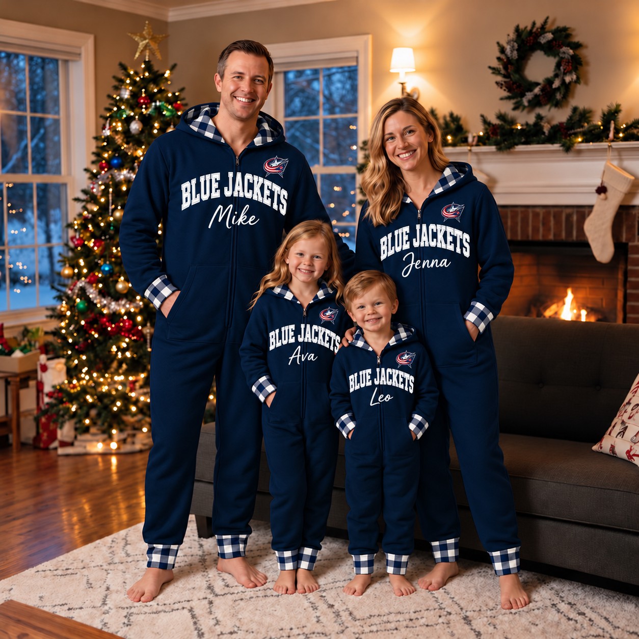 Columbus Blue Jackets family Christmas onesies, plaid design