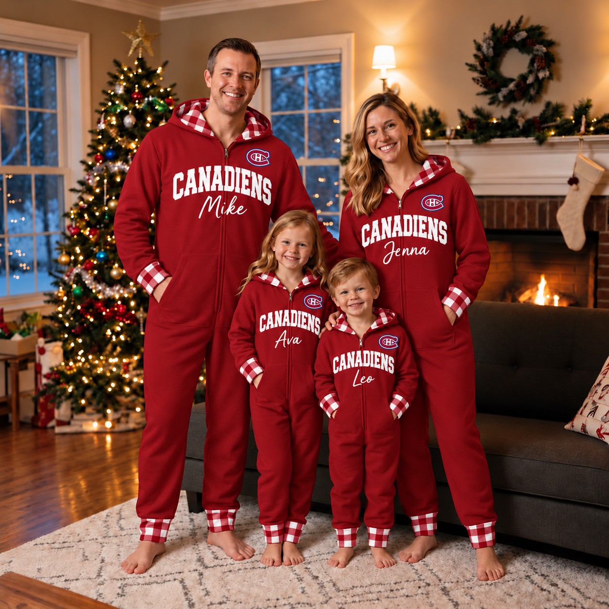 Montreal Canadiens family Christmas onesies, plaid design