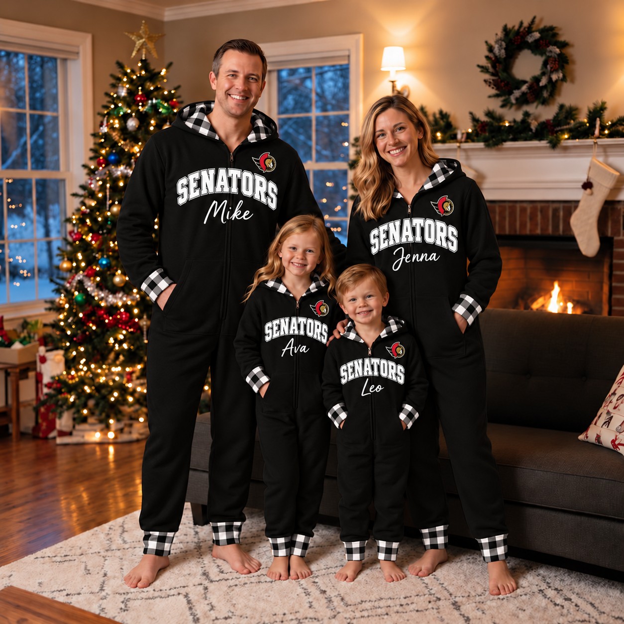 Ottawa Senators family Christmas onesies, plaid design