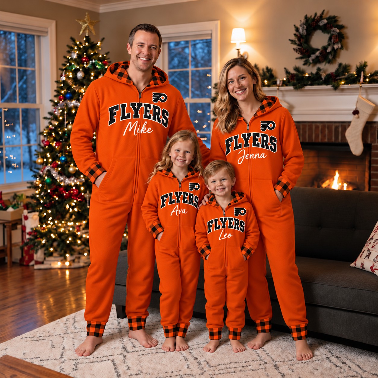 Philadelphia Flyers family Christmas onesies, plaid design