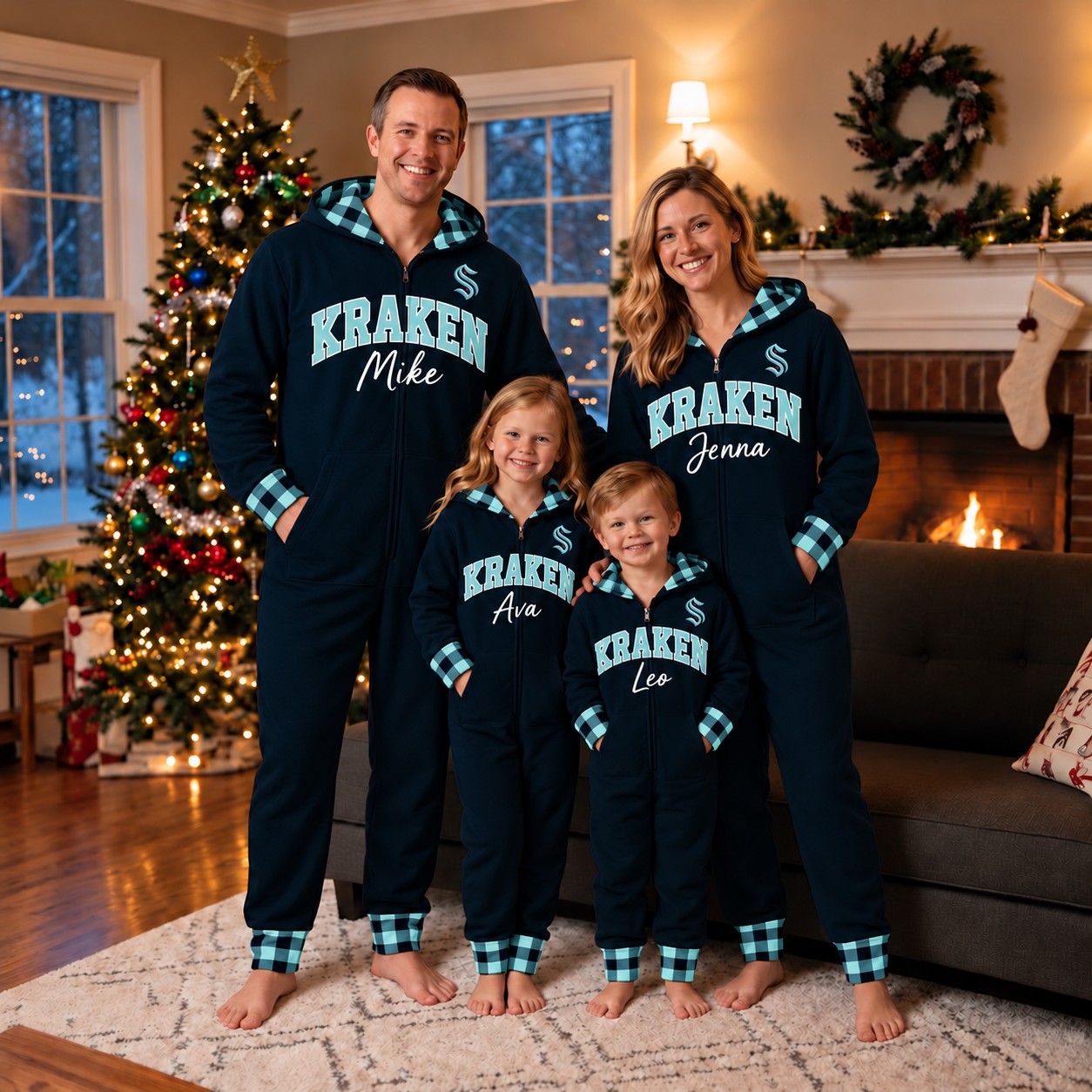 Seattle Kraken family Christmas onesies, plaid design