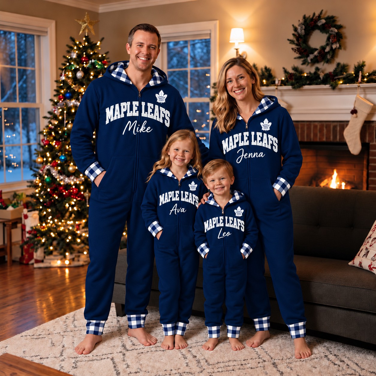 Toronto Maple Leafs family Christmas onesies, plaid design