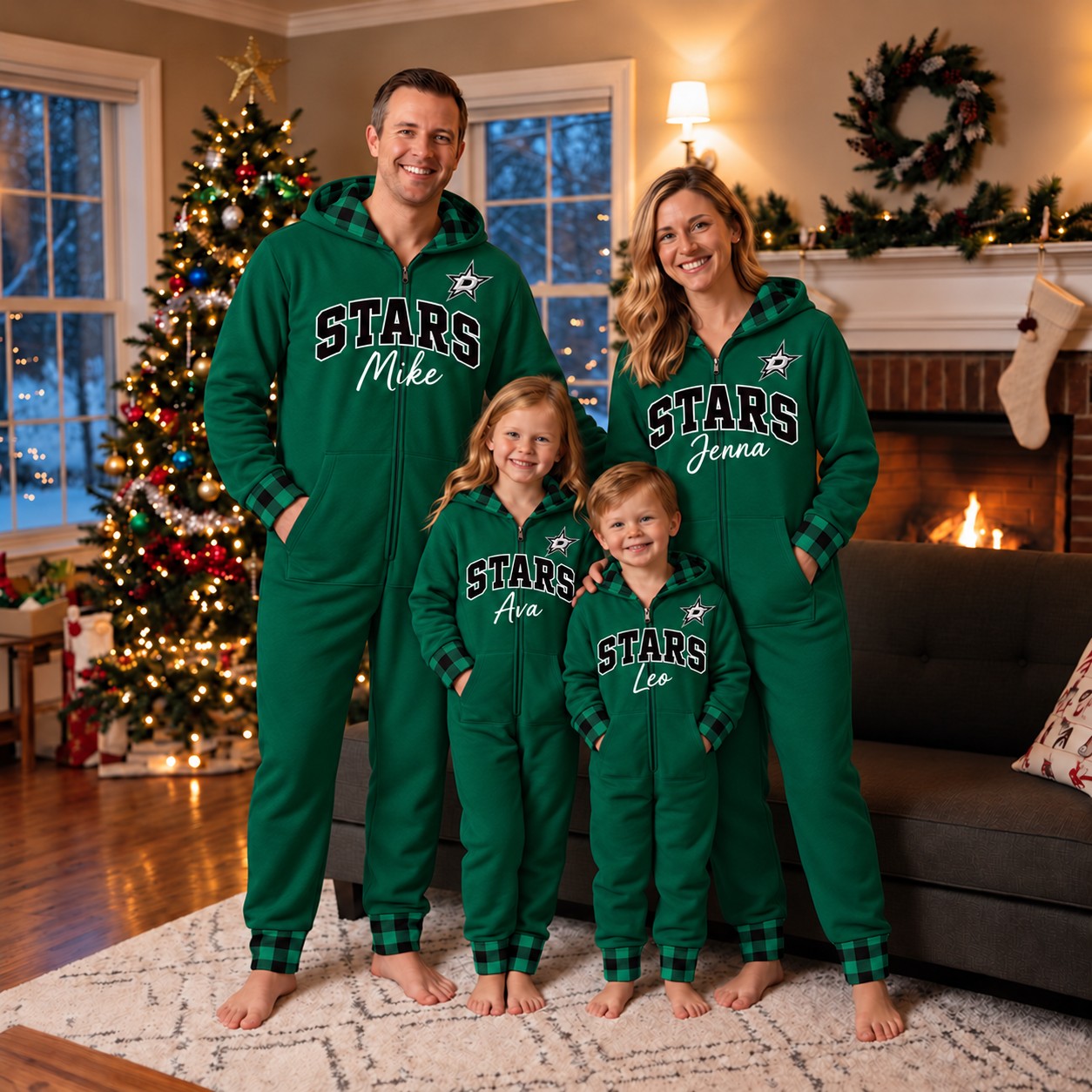 Dallas Stars family Christmas onesies, plaid design