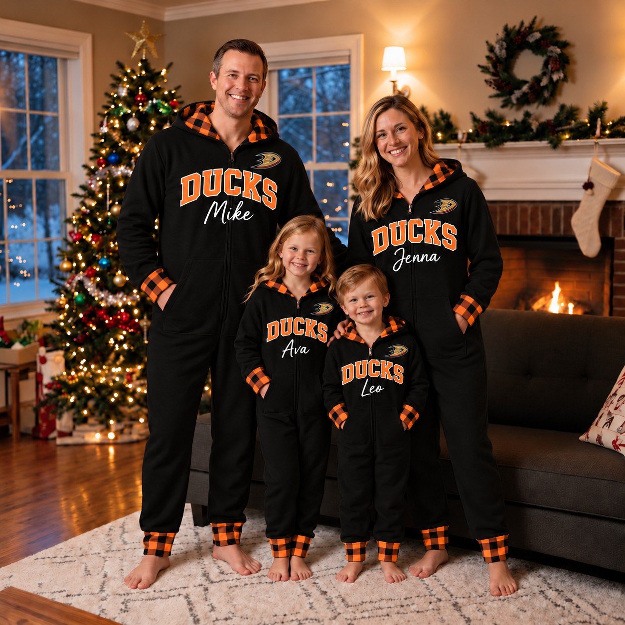 Anaheim Ducks family Christmas onesies, plaid design
