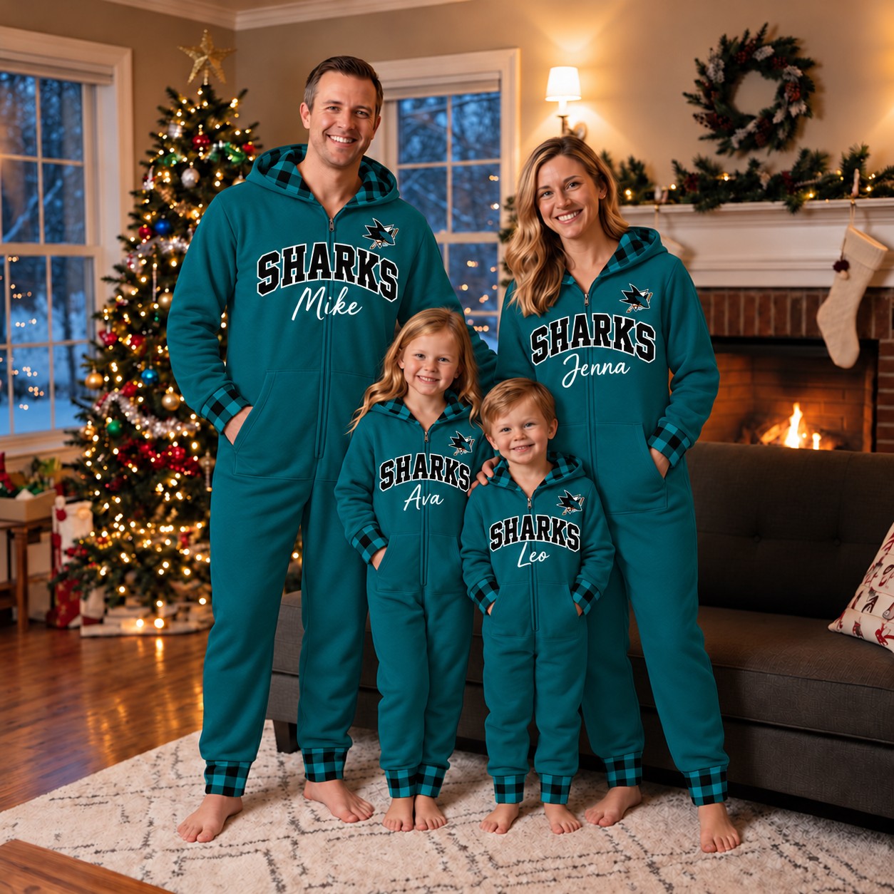 San Jose Sharks family Christmas onesies, plaid design