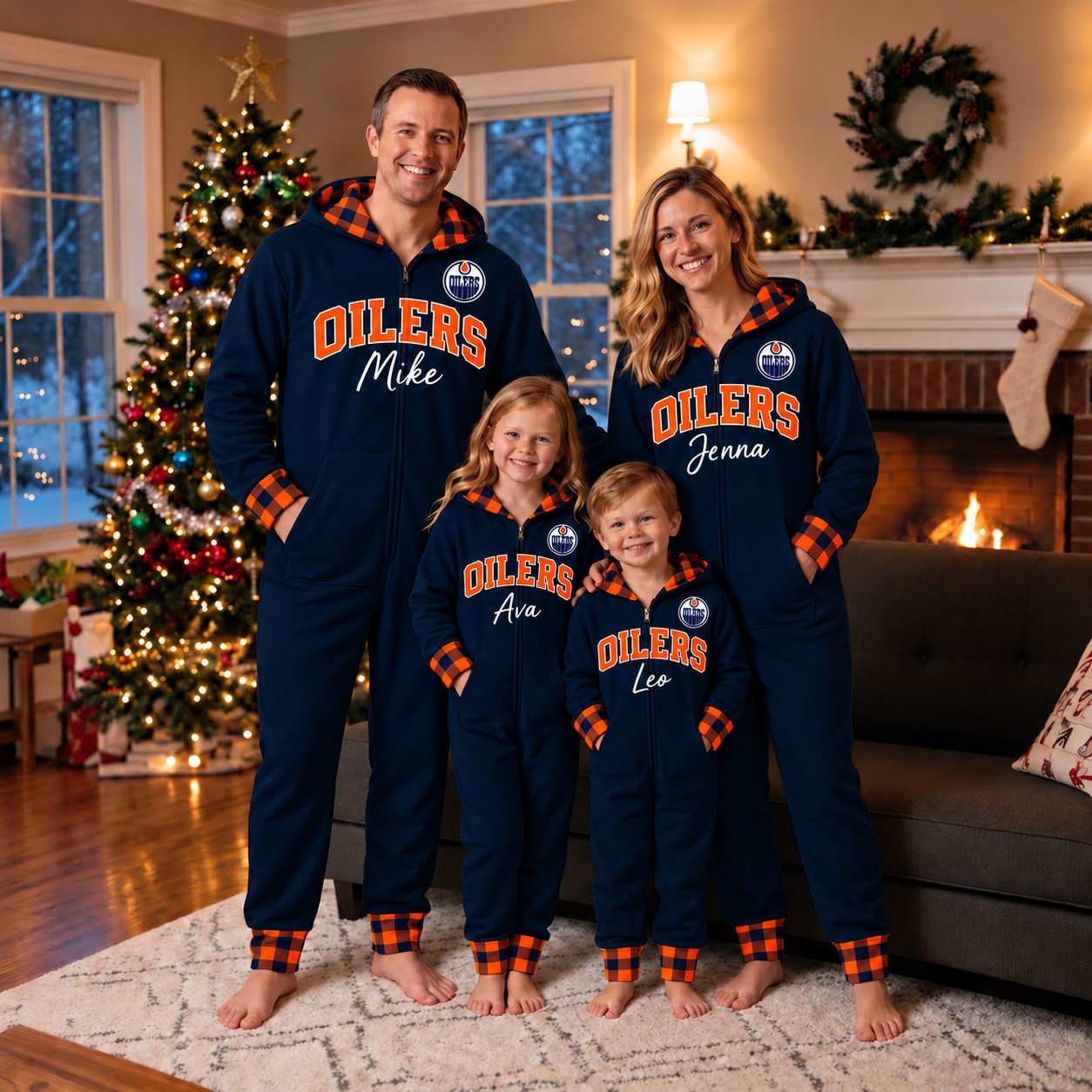 Edmonton Oilers family Christmas onesies, plaid design