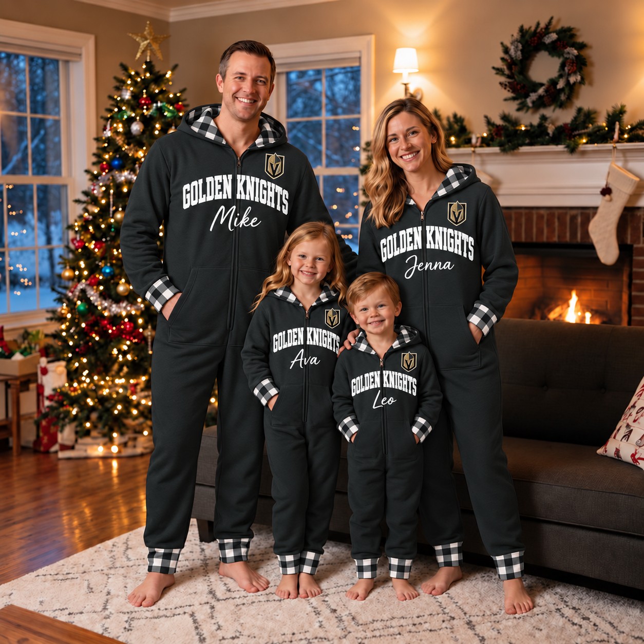 Vegas Golden Knights family Christmas onesies, plaid design