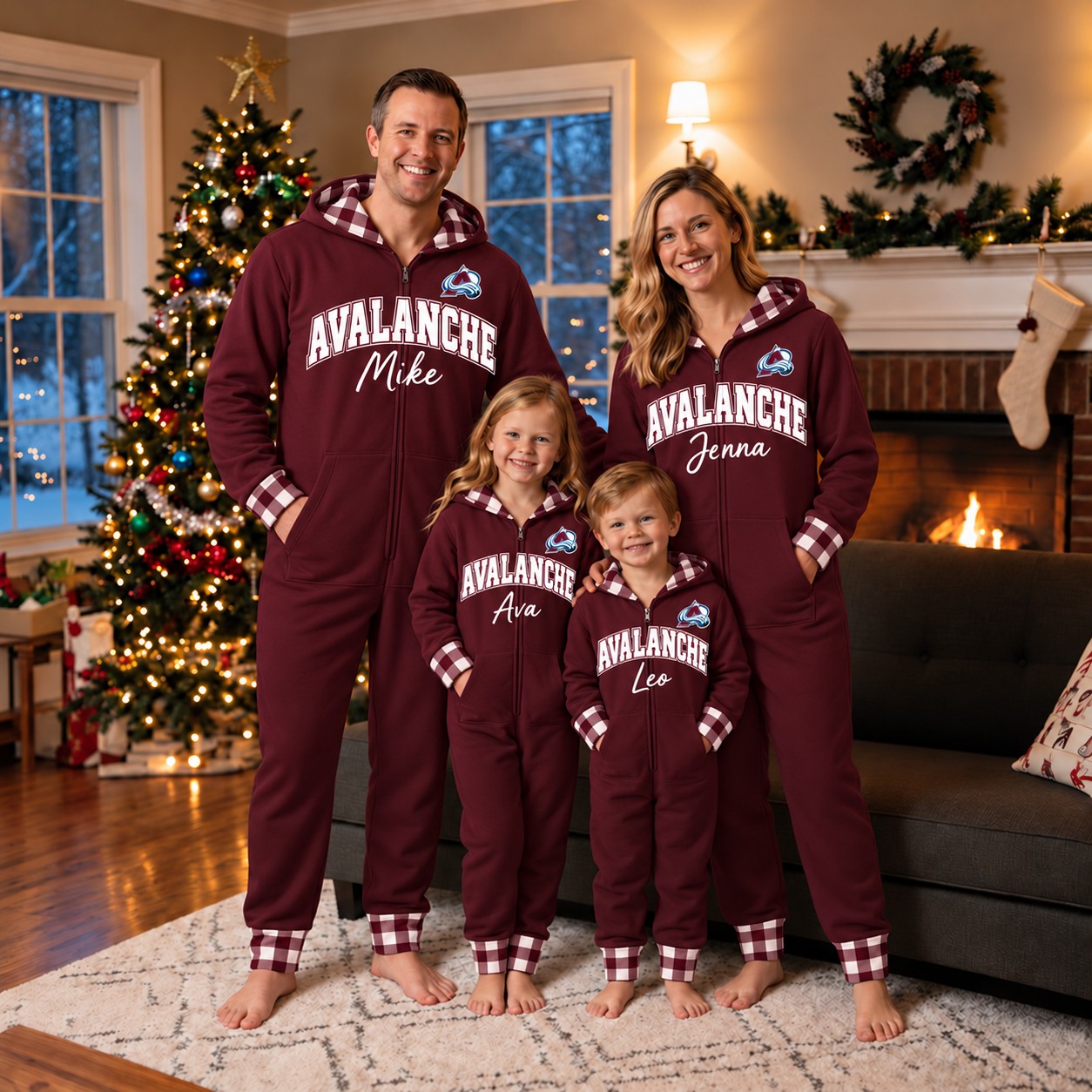Colorado Avalanche family Christmas onesies, plaid design