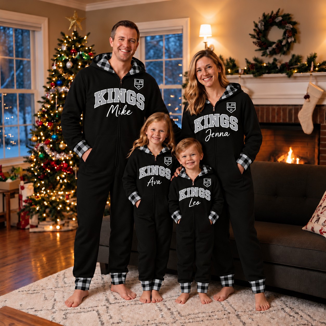 Los Angeles Kings family Christmas onesies, plaid design