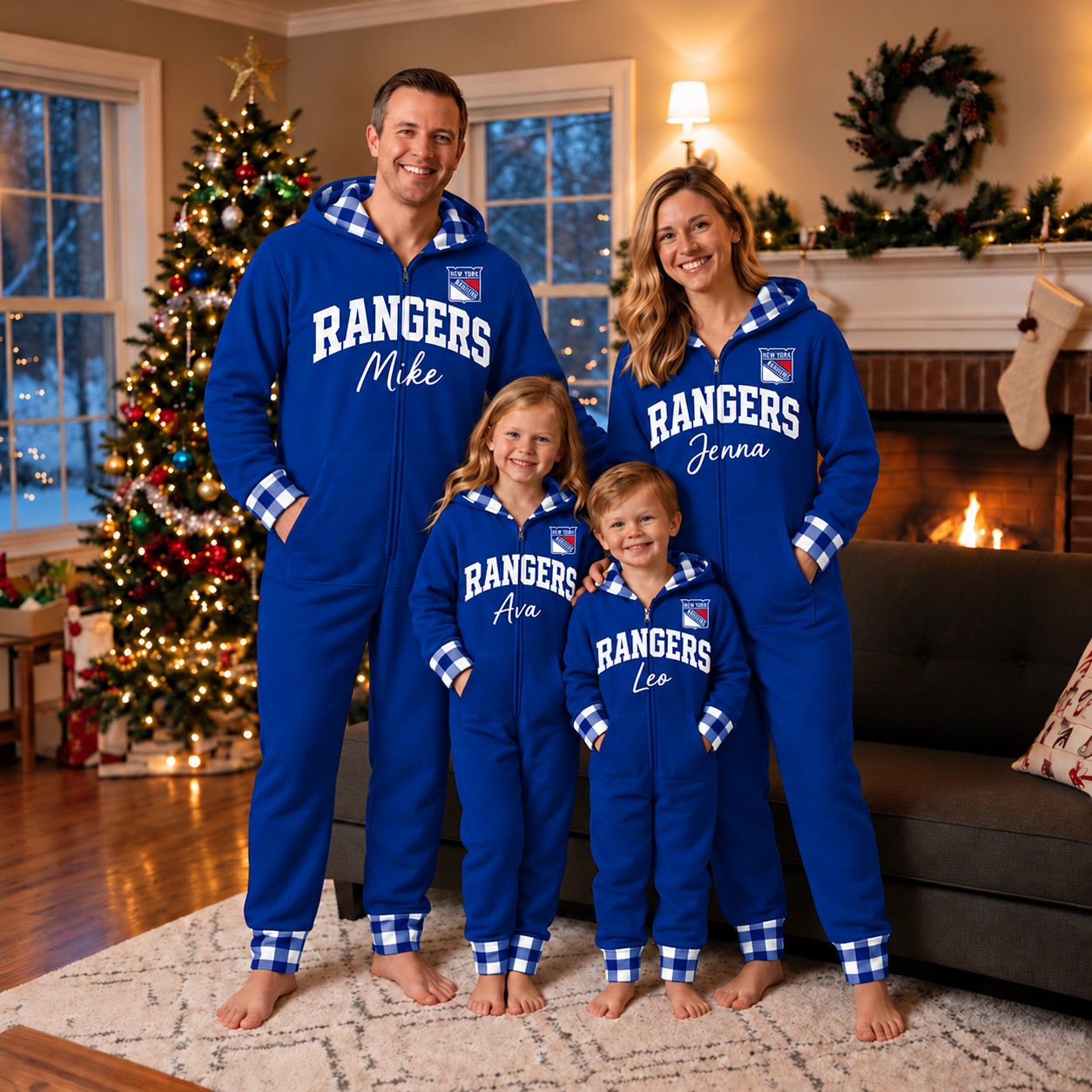 New York Rangers family Christmas onesies, plaid design