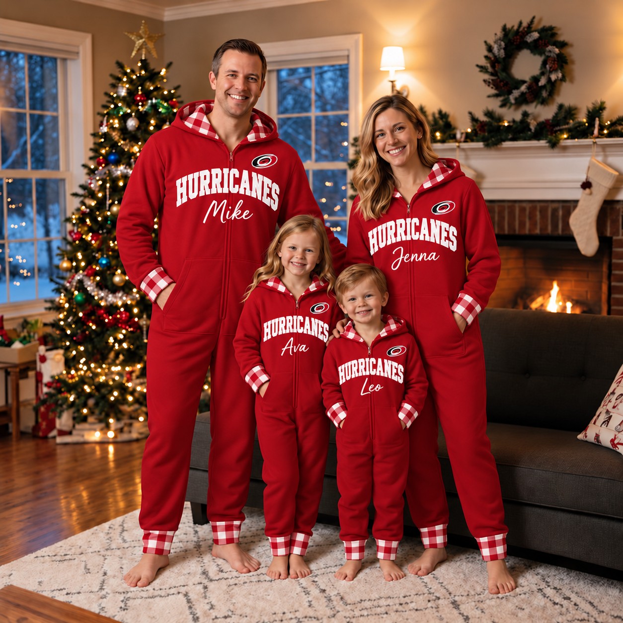 Carolina Hurricanes family Christmas onesies, plaid design