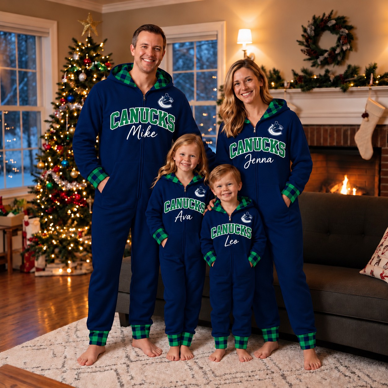 Vancouver Canucks family Christmas onesies, plaid design