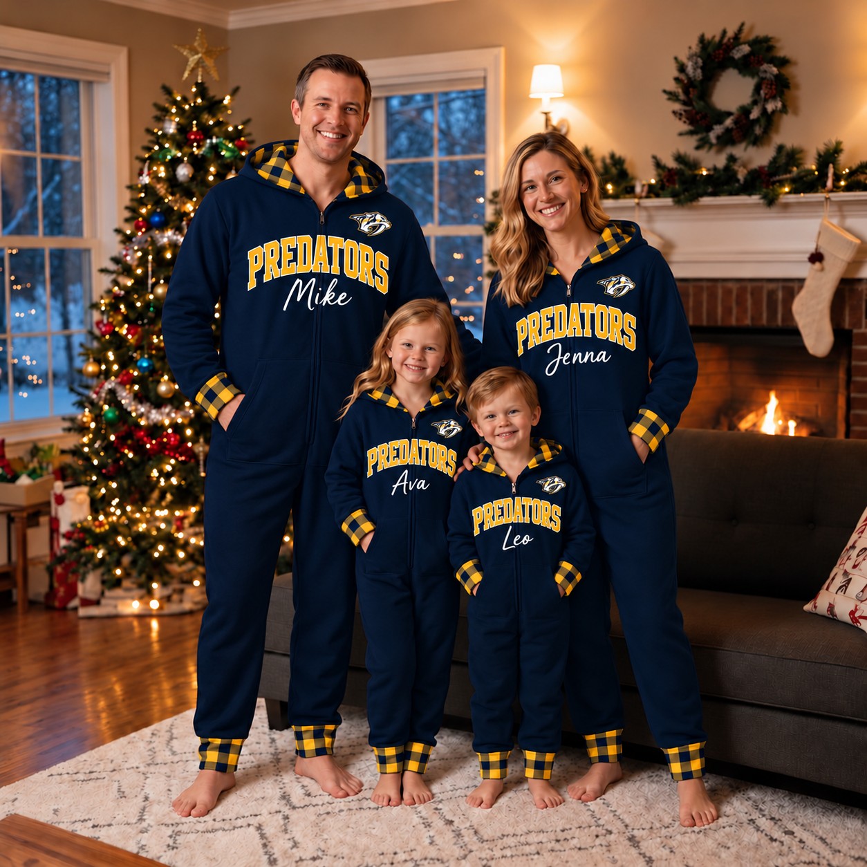Nashville Predators family Christmas onesies, plaid design