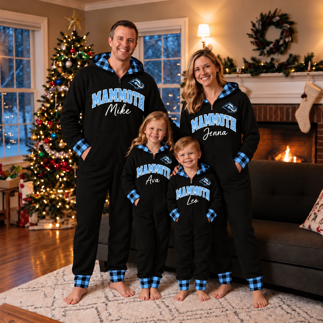 Utah Mammoth family Christmas onesies, plaid design