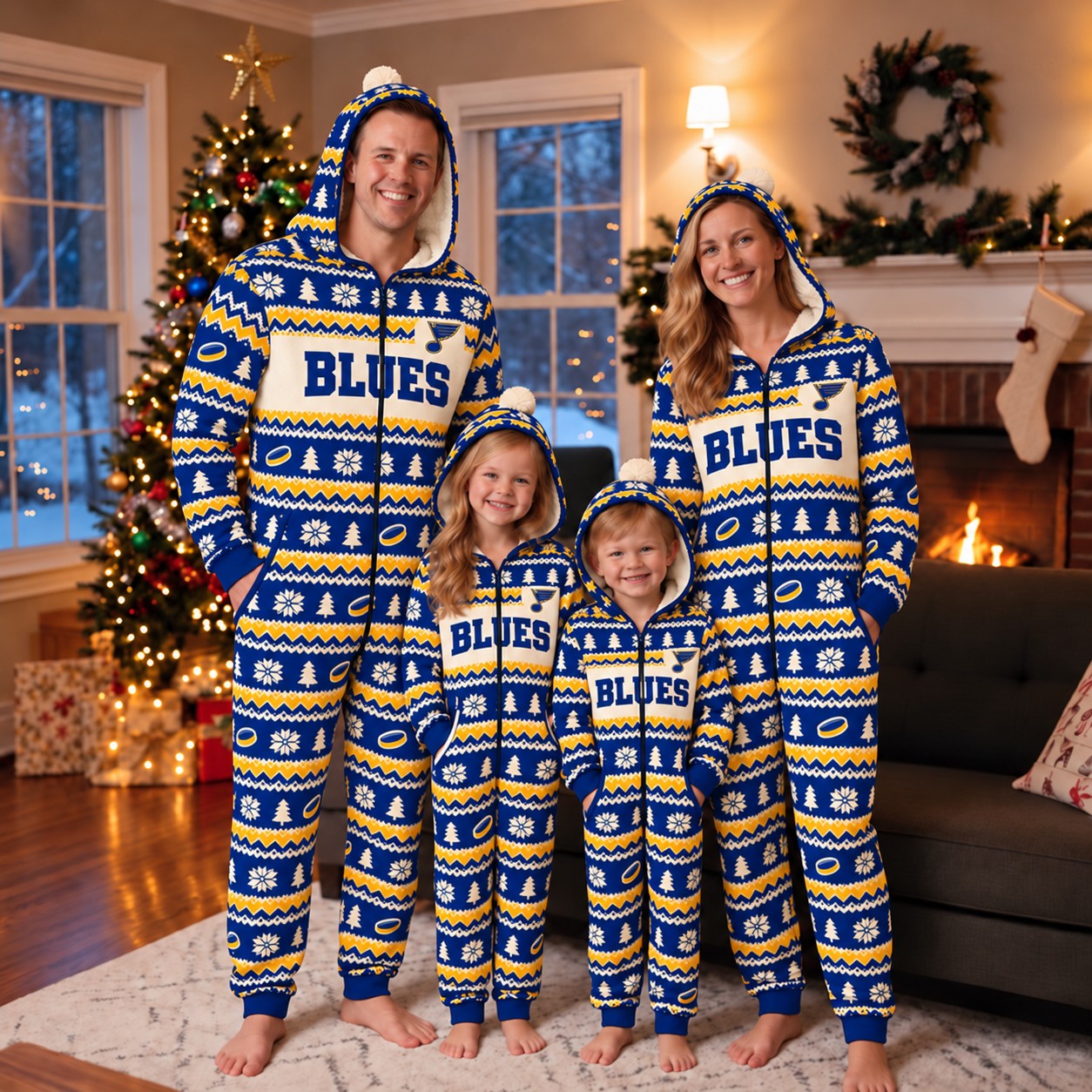 St. Louis Blues family Christmas onesies, fair isle design