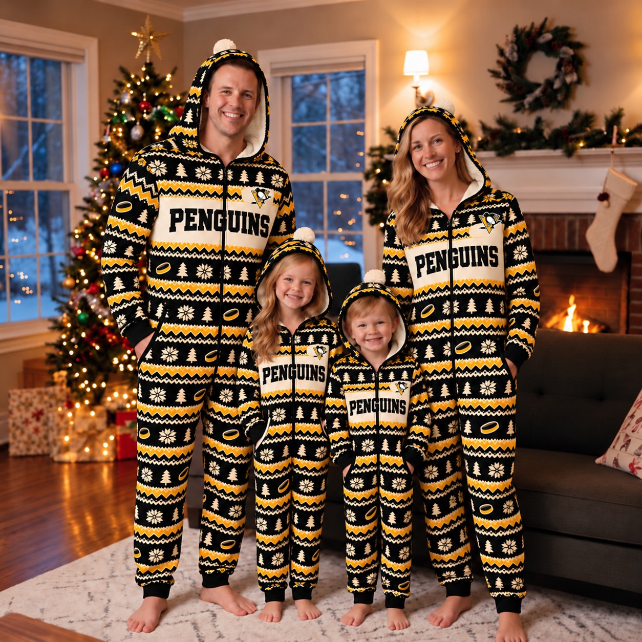 Pittsburgh Penguins family Christmas onesies, fair isle design