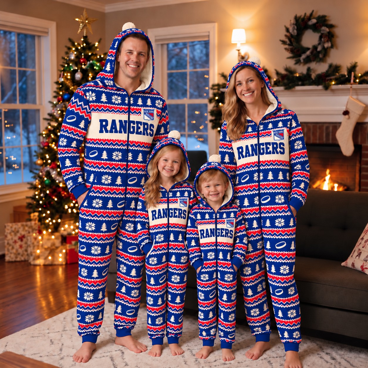 New York Rangers family Christmas onesies, fair isle design