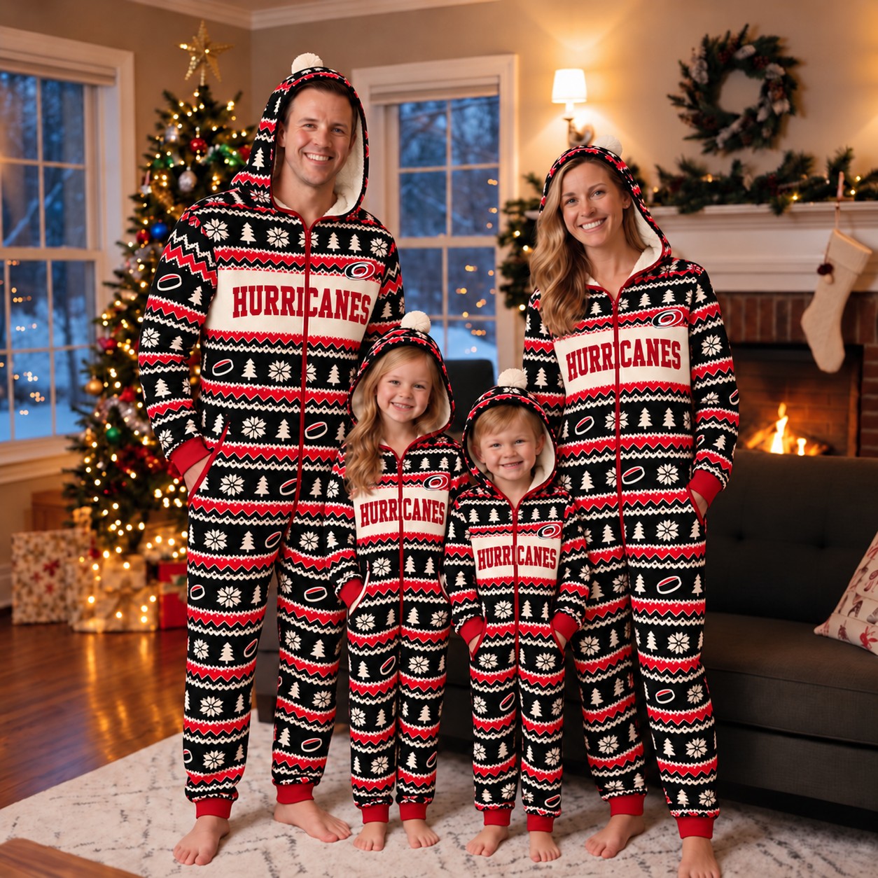 Carolina Hurricanes family Christmas onesies, fair isle design