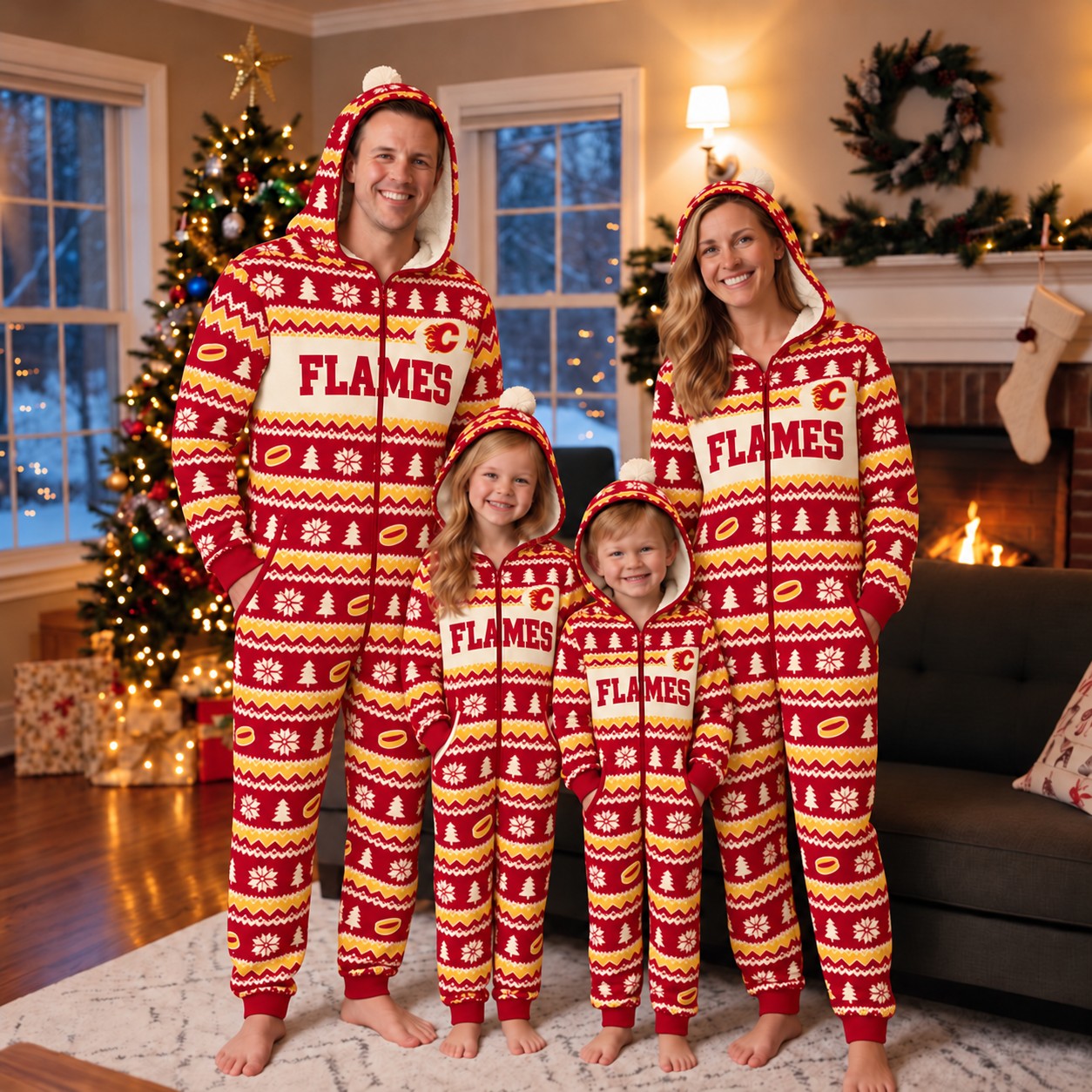 Calgary Flames family Christmas onesies, fair isle design
