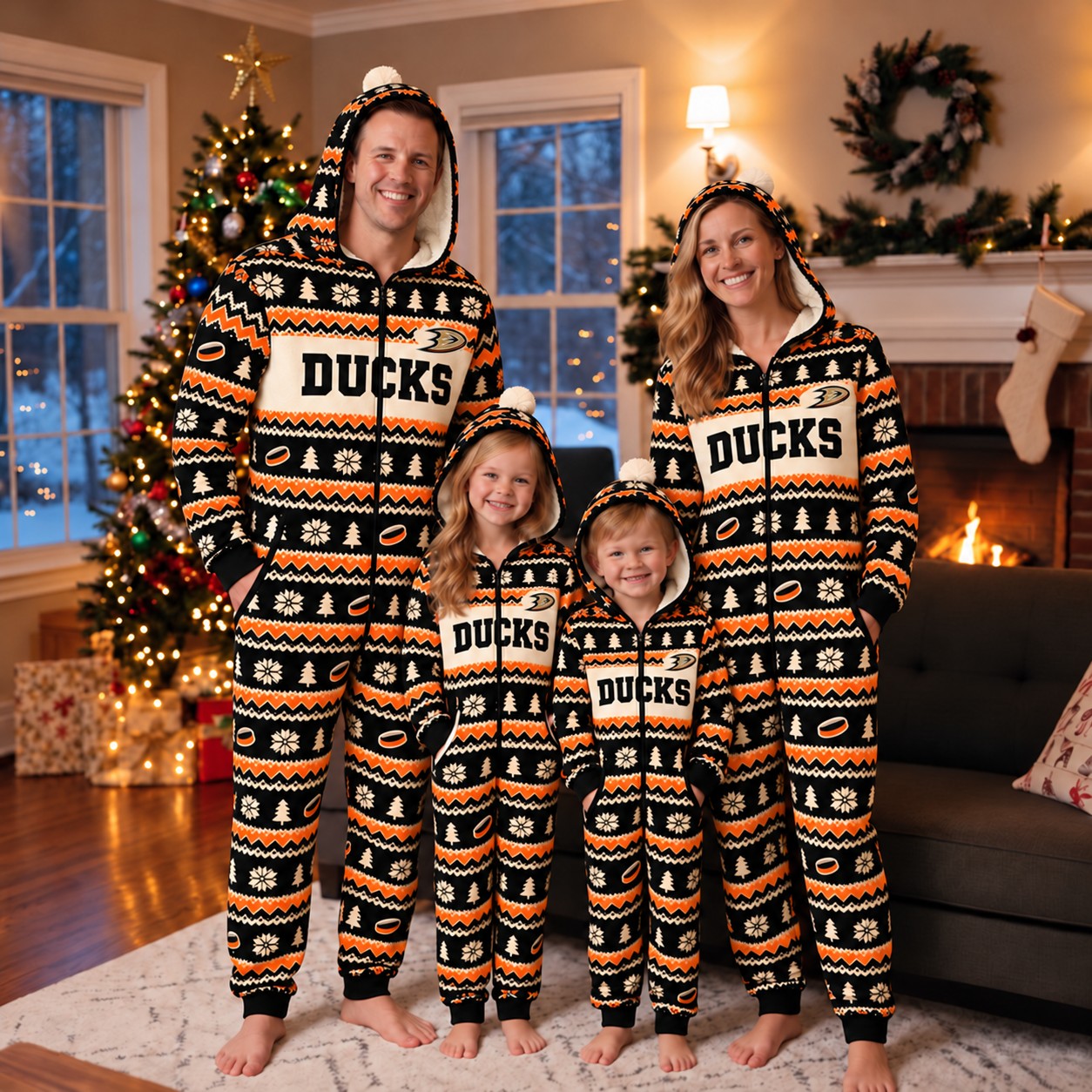 Anaheim Ducks family Christmas onesies, fair isle design