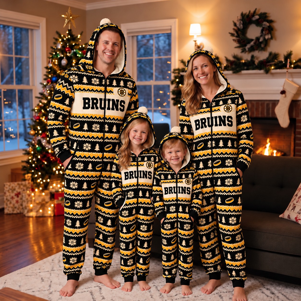 Boston Bruins family Christmas onesies, fair isle design