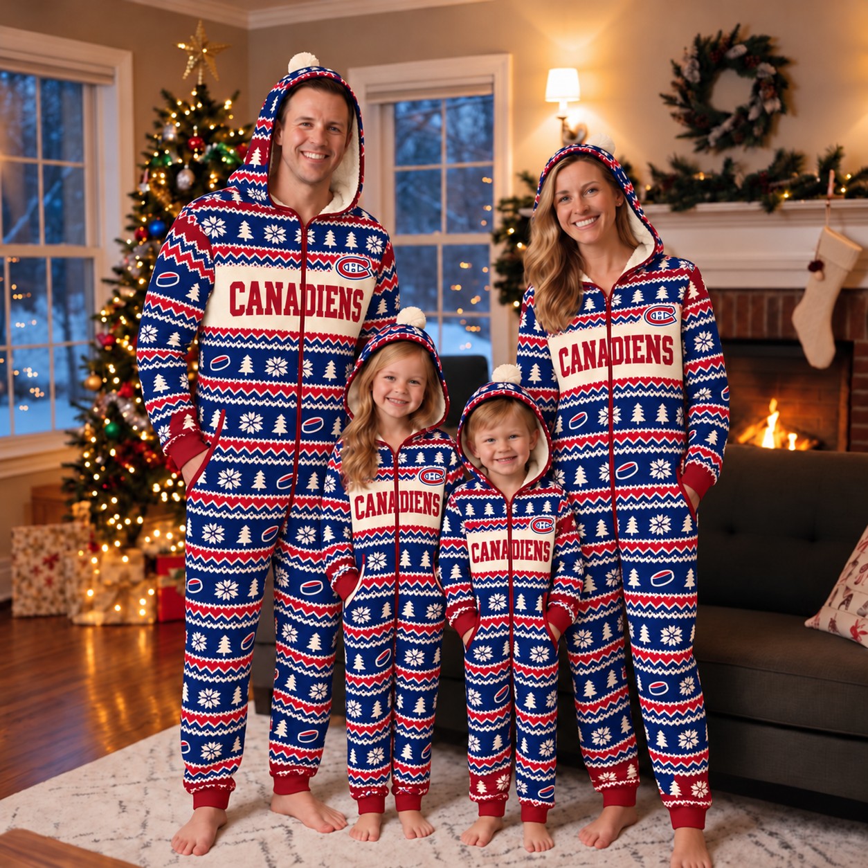Montreal Canadiens family Christmas onesies, fair isle design