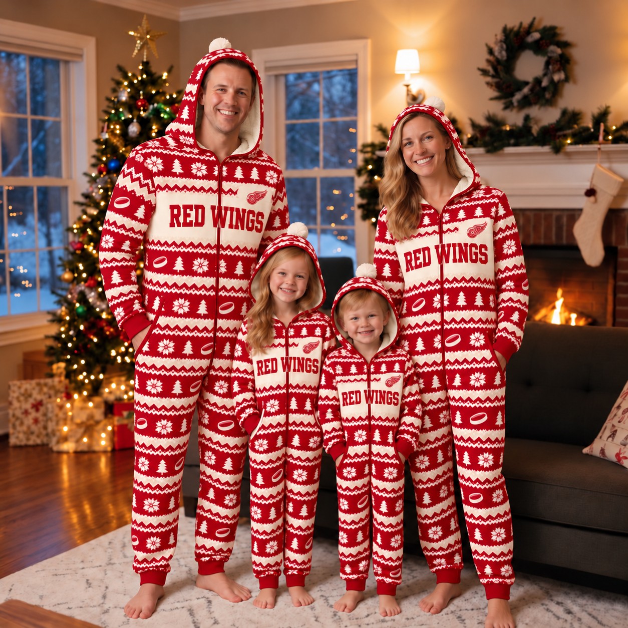 Detroit Red Wings family Christmas onesies, fair isle design