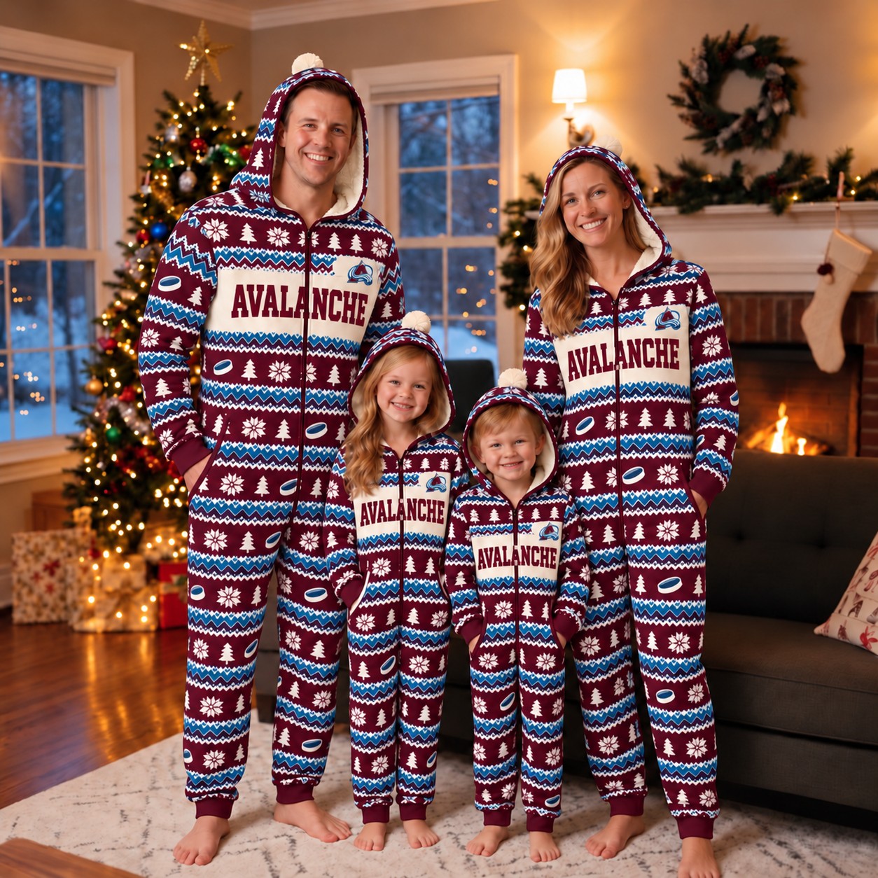 Colorado Avalanche family Christmas onesies, fair isle design