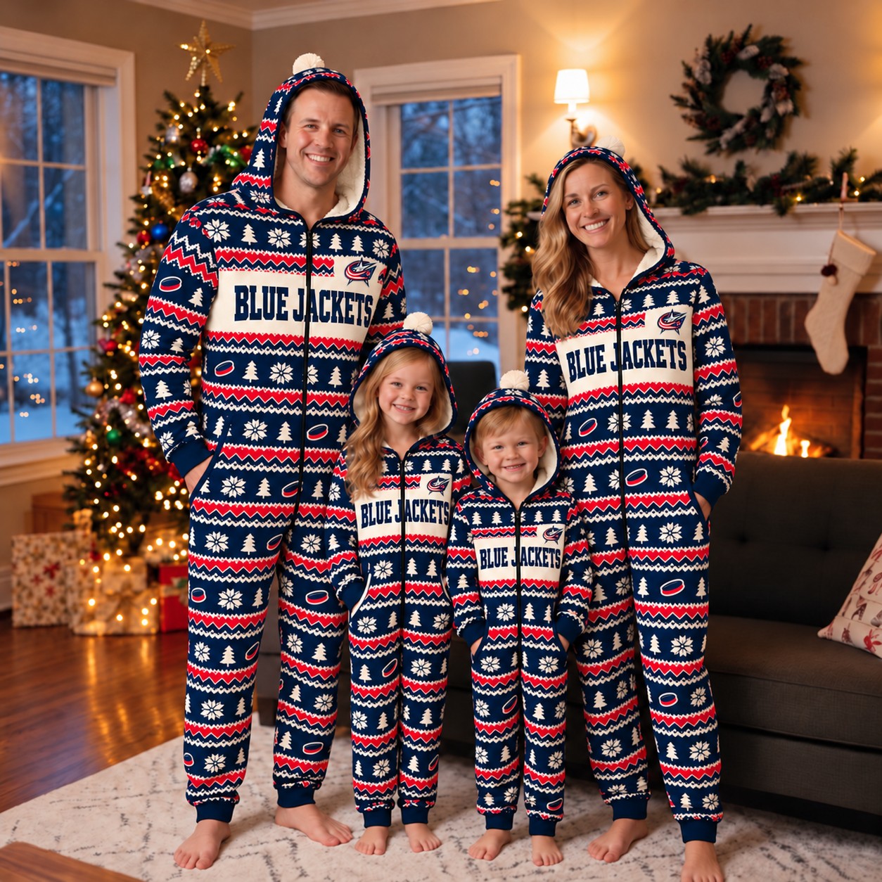 Columbus Blue Jackets family Christmas onesies, fair isle design