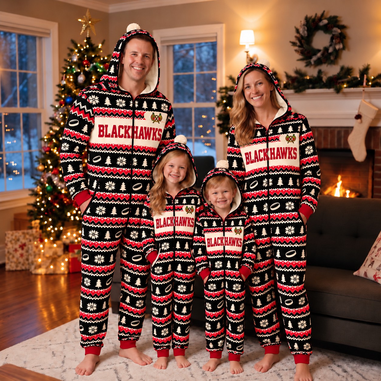 Chicago Blackhawks family Christmas onesies, fair isle design