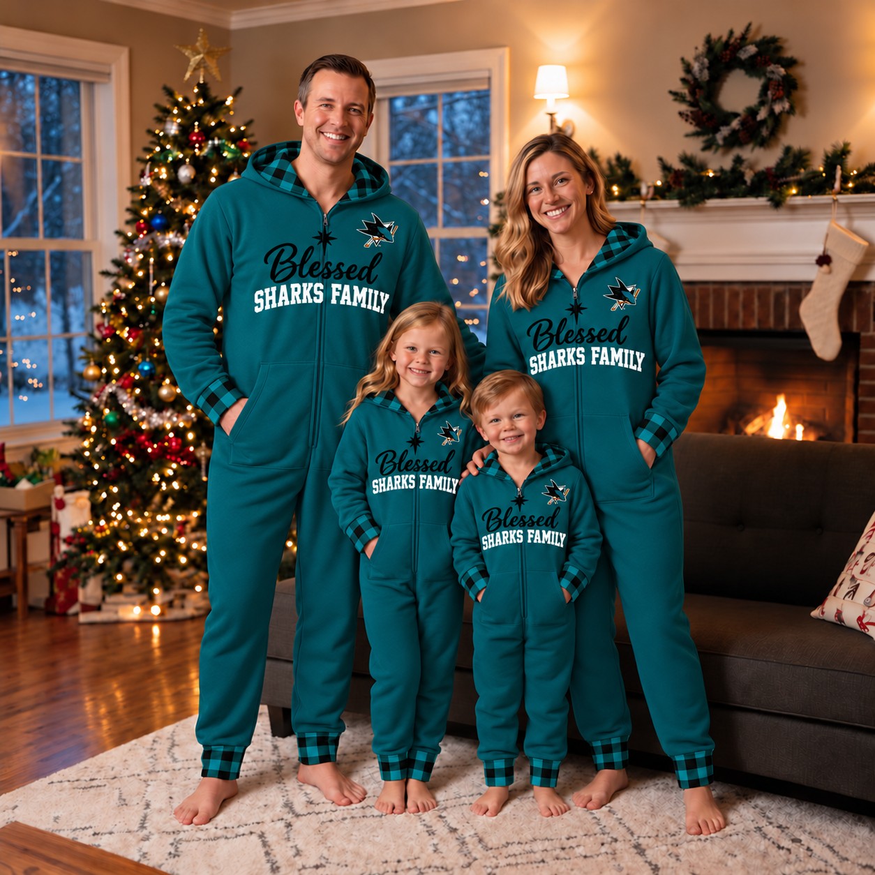 San Jose Sharks family Christmas onesies, blessed design