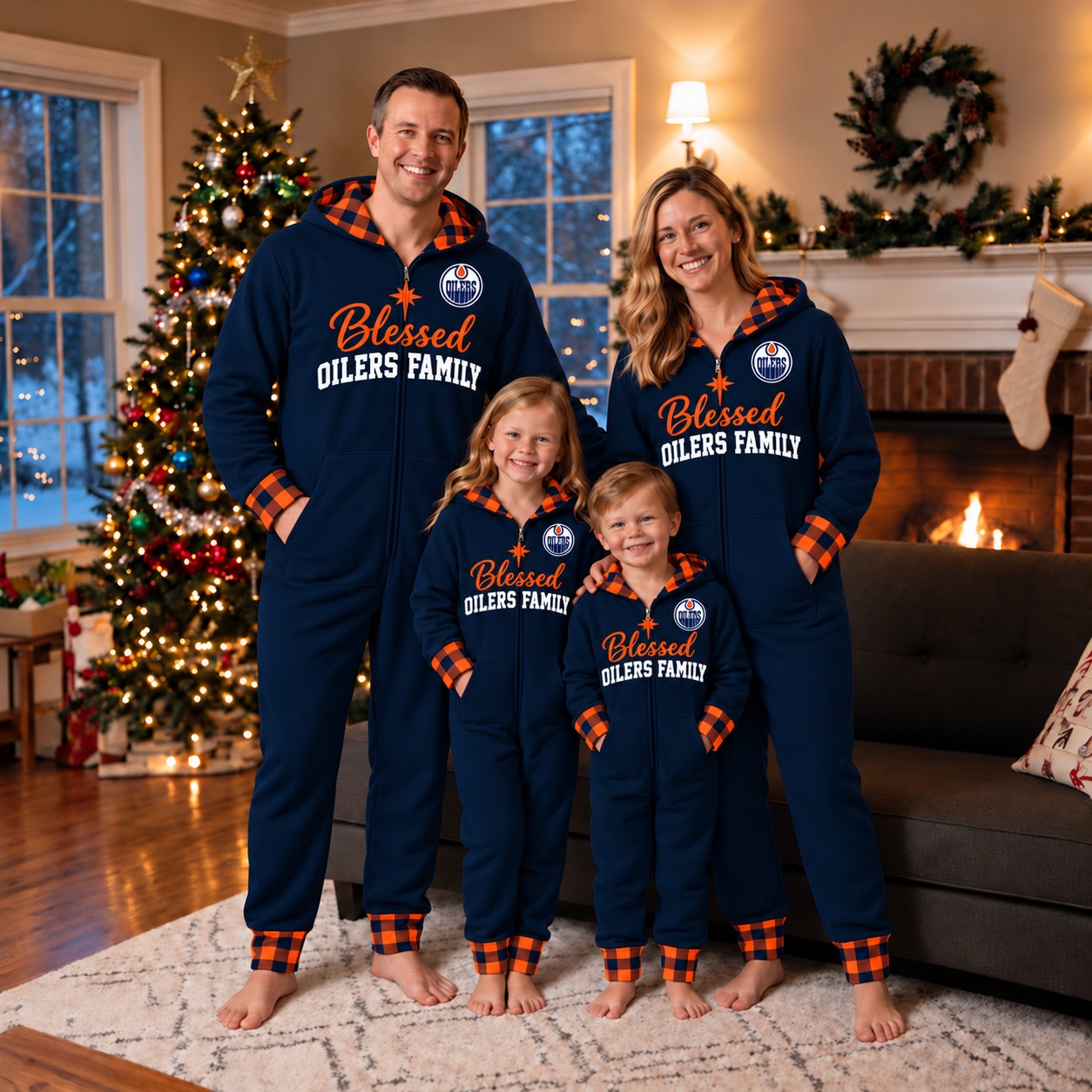 Edmonton Oilers family Christmas onesies, blessed design